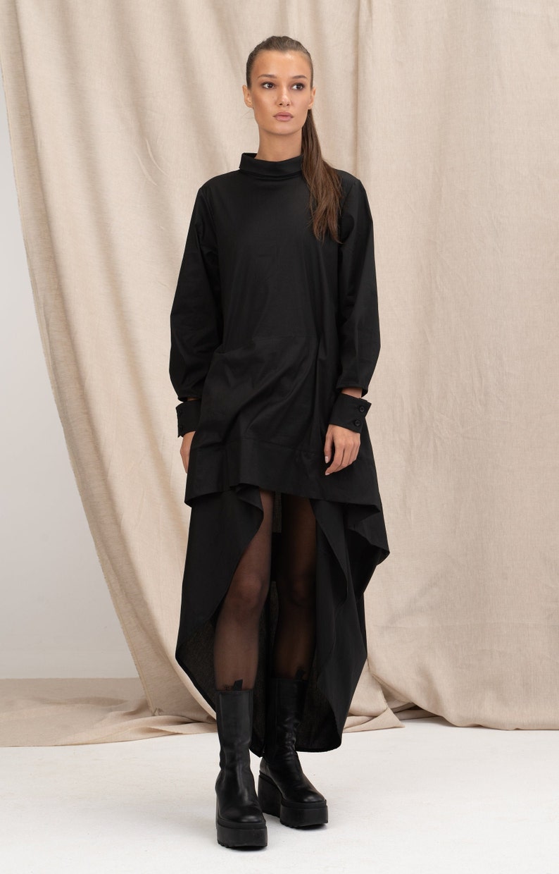 Black Asymmetrical Cotton Dress, Oversize Loose Dress, Plus Size Maxi Dress, Cotton Dress, Extravagant Long Dress 画像 2