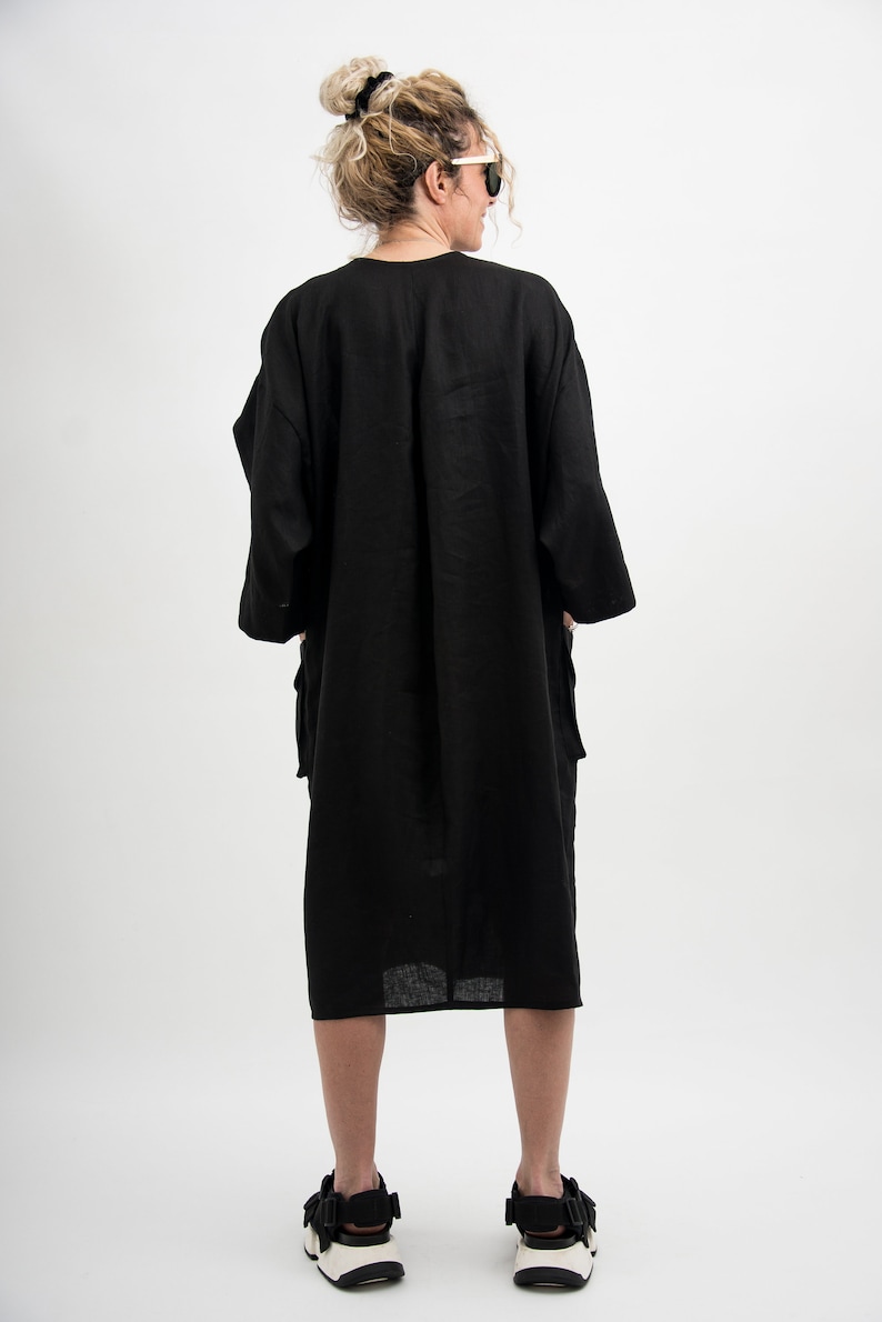 Black linen dress with ribbon, womens linen clothing maternity dress, Black linen kimono dress, Japanese inspired kimono with belt image 5