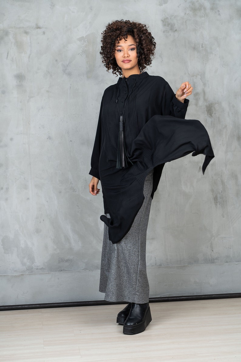 Black Plus Size Loose Shirt, Oversized Asymmetric Shirt, Black Long Tunic, Elegant Shirt Dress, Oversize Womens Shirt, Viscose Tunic image 6