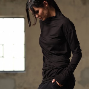 Avant garde viscose blouse, Black twisted womens top, Long sleeves futuristic top, Organic clothing, Capsule wardrobe, Minimalistic clothing