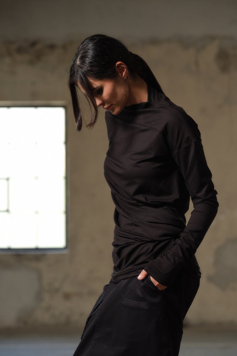 Avant garde viscose blouse, Black twisted womens top, Long sleeves futuristic top, Organic clothing, Capsule wardrobe, Minimalistic clothing