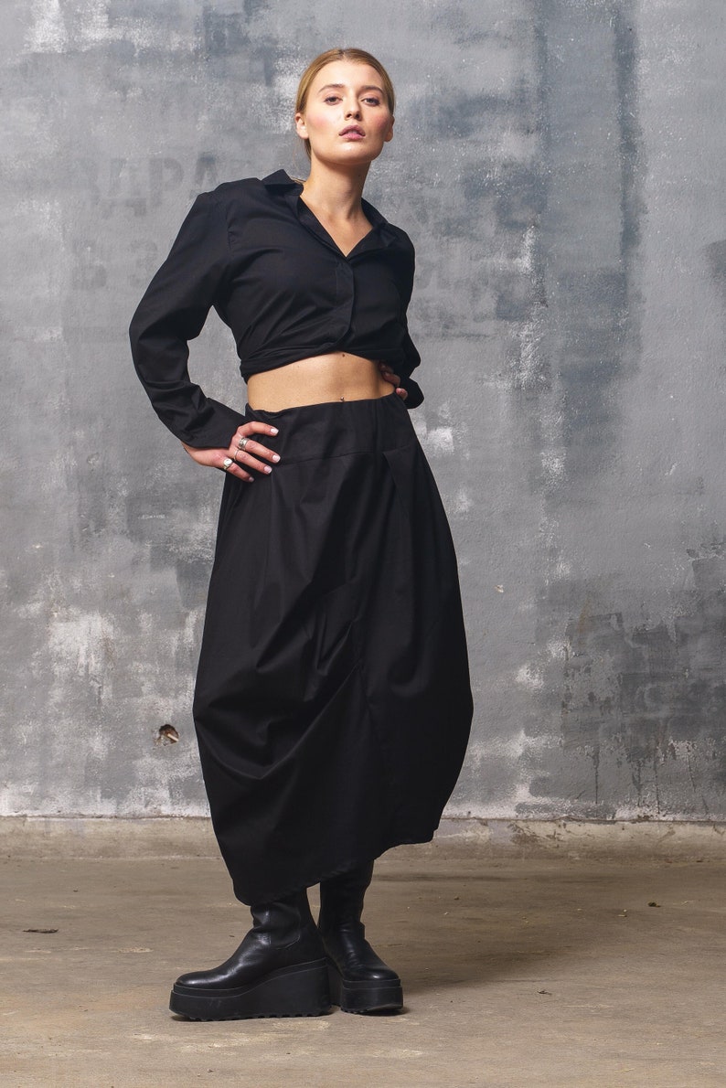 Asymmetrical black cotton skirt midi skirt, Avant garde clothing, Extravagant fall skirt Slow fashion, Capsule wardrobe Sustainable clothing zdjęcie 1