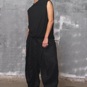 Linen pants black baggy pants women, drop crotch pants mid waist pants for women image 3