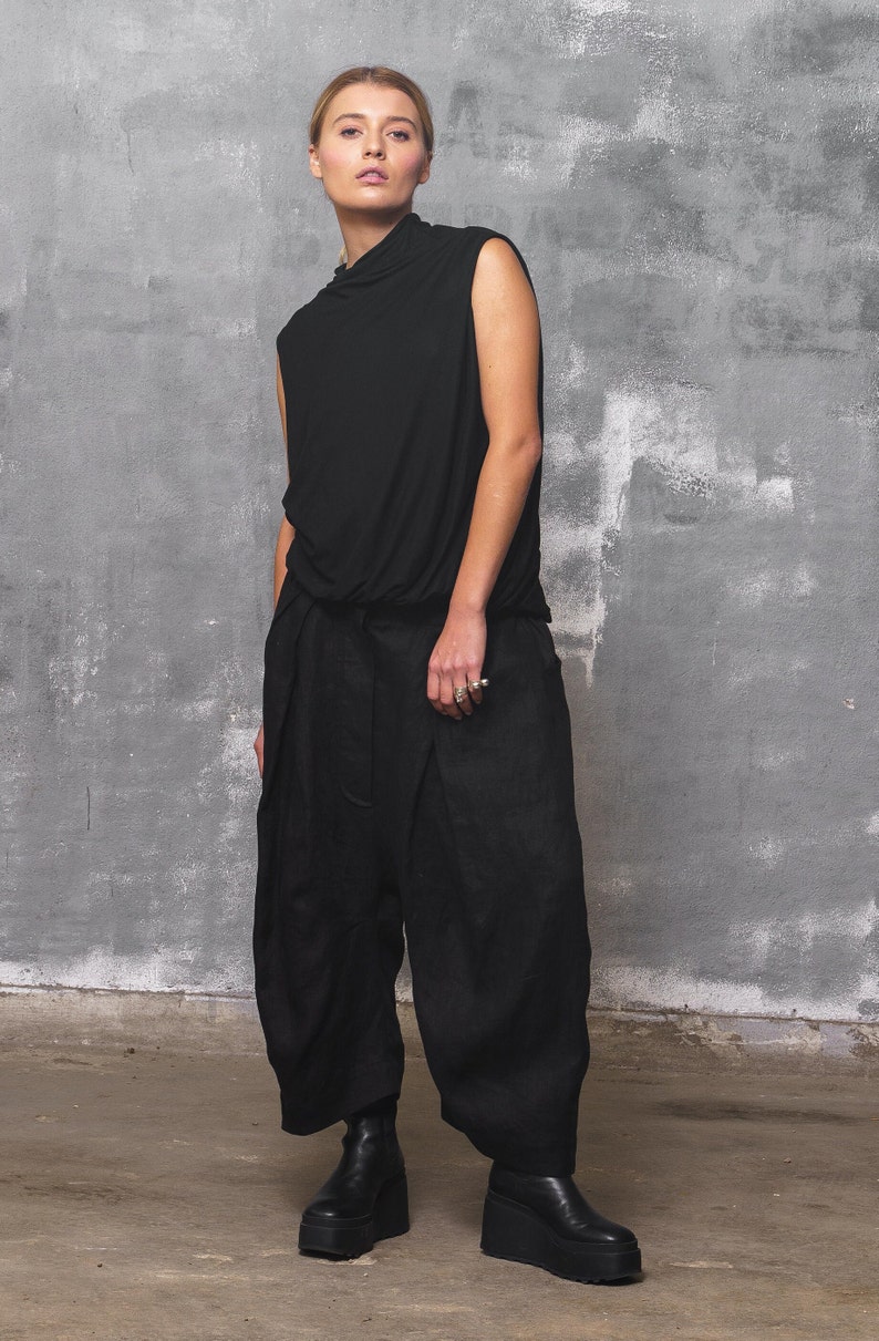 Linen pants black baggy pants women, drop crotch pants mid waist pants for women image 3