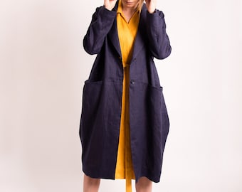 Blue linen blazer women's plus size clothing, Navy linen blazer women, Blue ladies blazer, Womens long blazer linen clothing