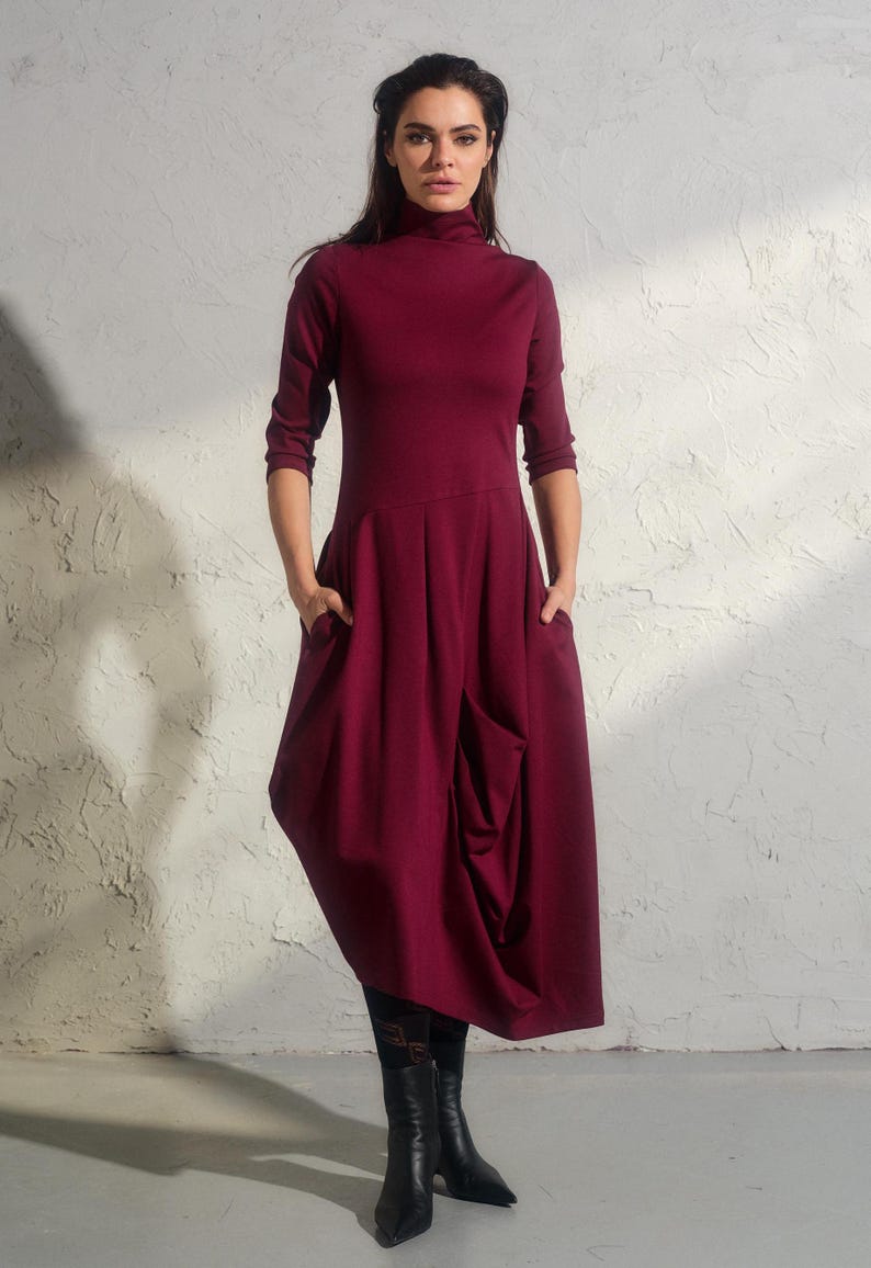 Asymmetric burgundy dress, Avant garde dress, Extravagant long viscose dress, Slow fashion, Capsule wardrobe, Sustainable clothes