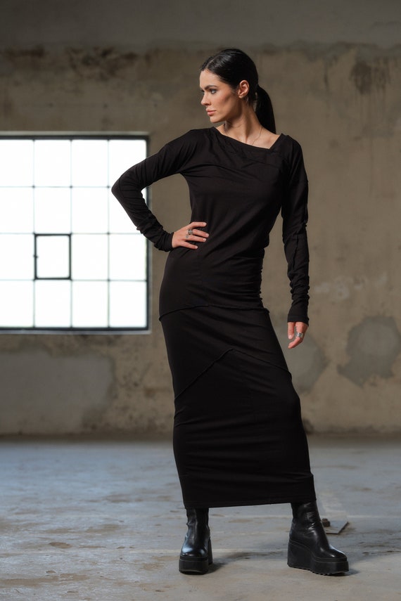 Asymmetrical Black Viscose Bodycon Dress, Plus Size Maxi