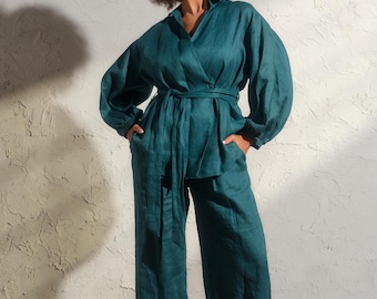 Conjunto de dos: bata kimono de lino azul petróleo y pantalón de lino de pierna ancha; pantalón de lino y bata holgada de lino para mujer