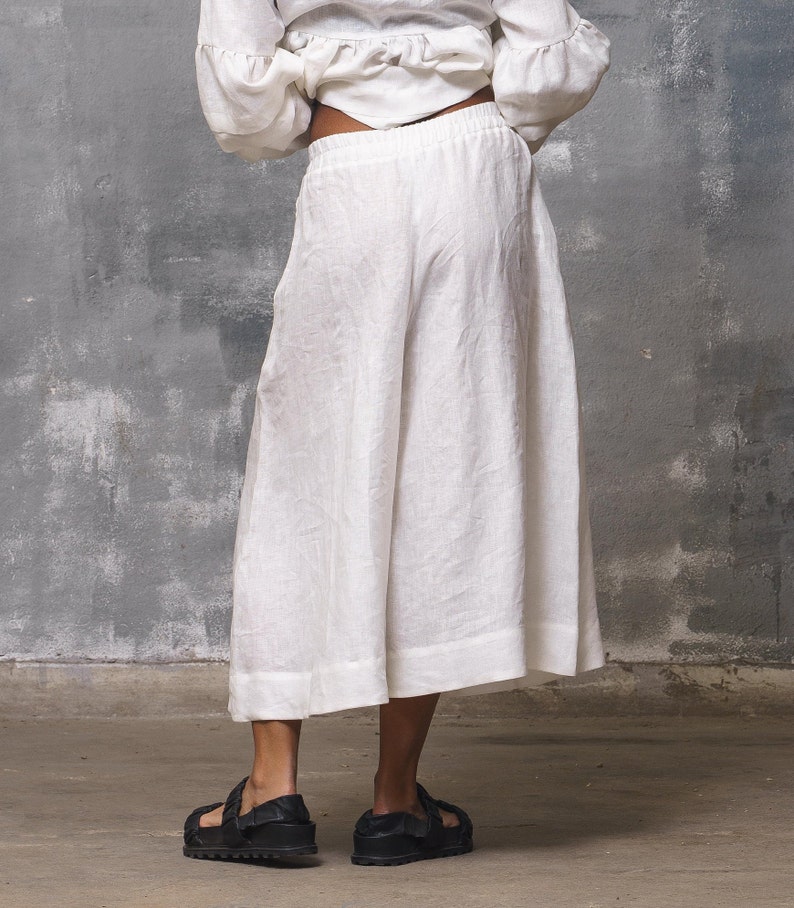 Beige wide leg linen pants women, Linen plus size midi pants linen clothing, Skirt pants women image 7