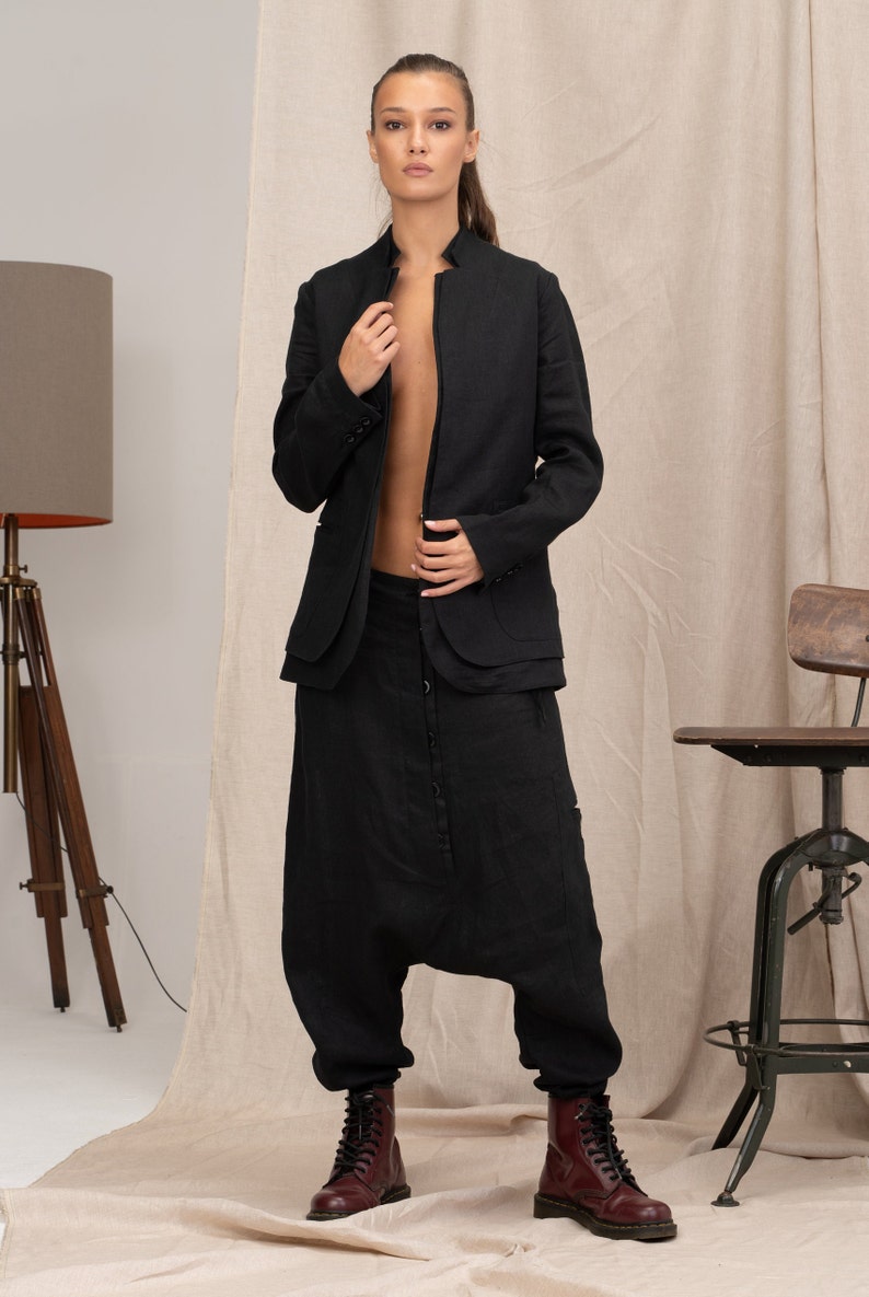 Contemporary drop crotch linen pants, Harem pants women's, Avant garde linen clothing, Linen baggy pants women image 7