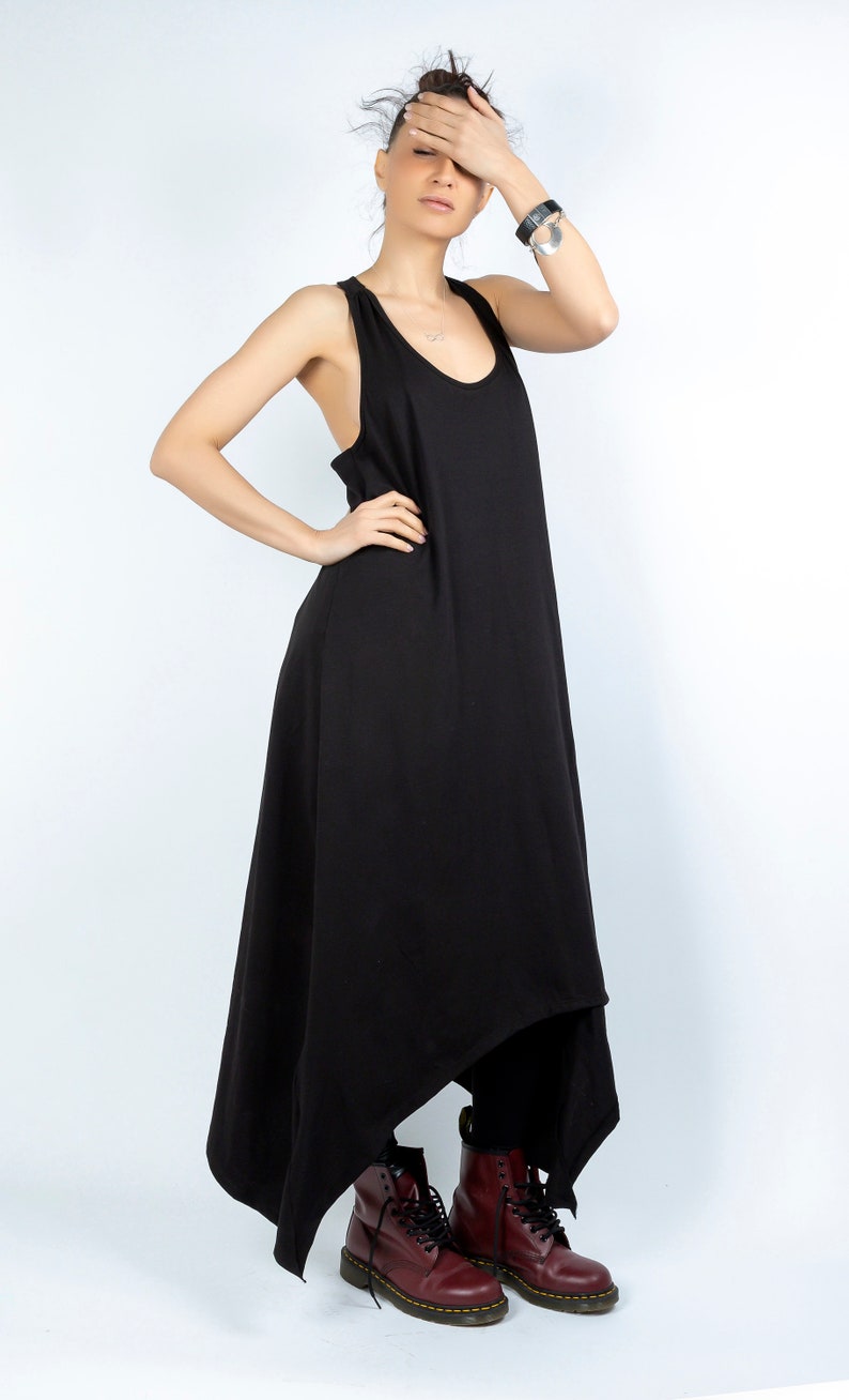 Maxi Black Racer Dress With Elastic Printed Back / Black Long Etsy