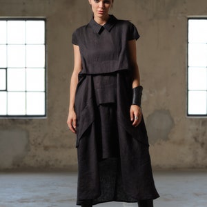 Black asymmetrical dress avant garde clothing women, Plus size midi linen dress womens, Capsule wardrobe, Linen clothing, Slow fashion