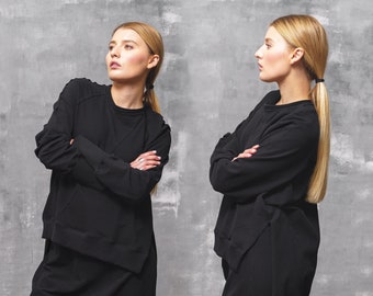 Black Asymmetrical Sweatshirt: Plus Size Cotton Top with Thumb Holes