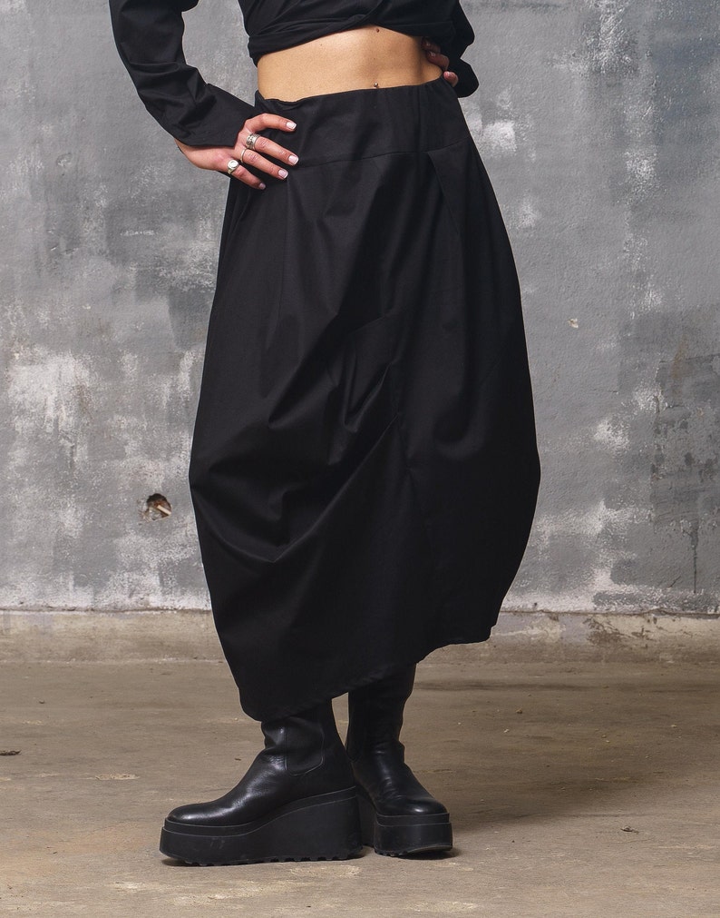 Asymmetrical black cotton skirt midi skirt, Avant garde clothing, Extravagant fall skirt Slow fashion, Capsule wardrobe Sustainable clothing