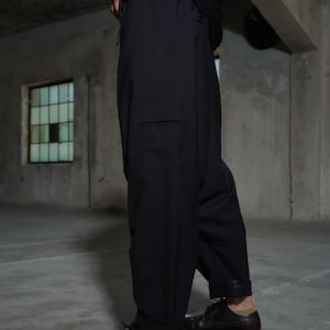 Avant garde merino wool drop crotch pants with asymmetrical details, Black harem pants women's, Baggy winter pants, Plus sizes available