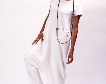 White Cotton Drop Crotch Jumpsuit: Avant Garde Oversized Romper