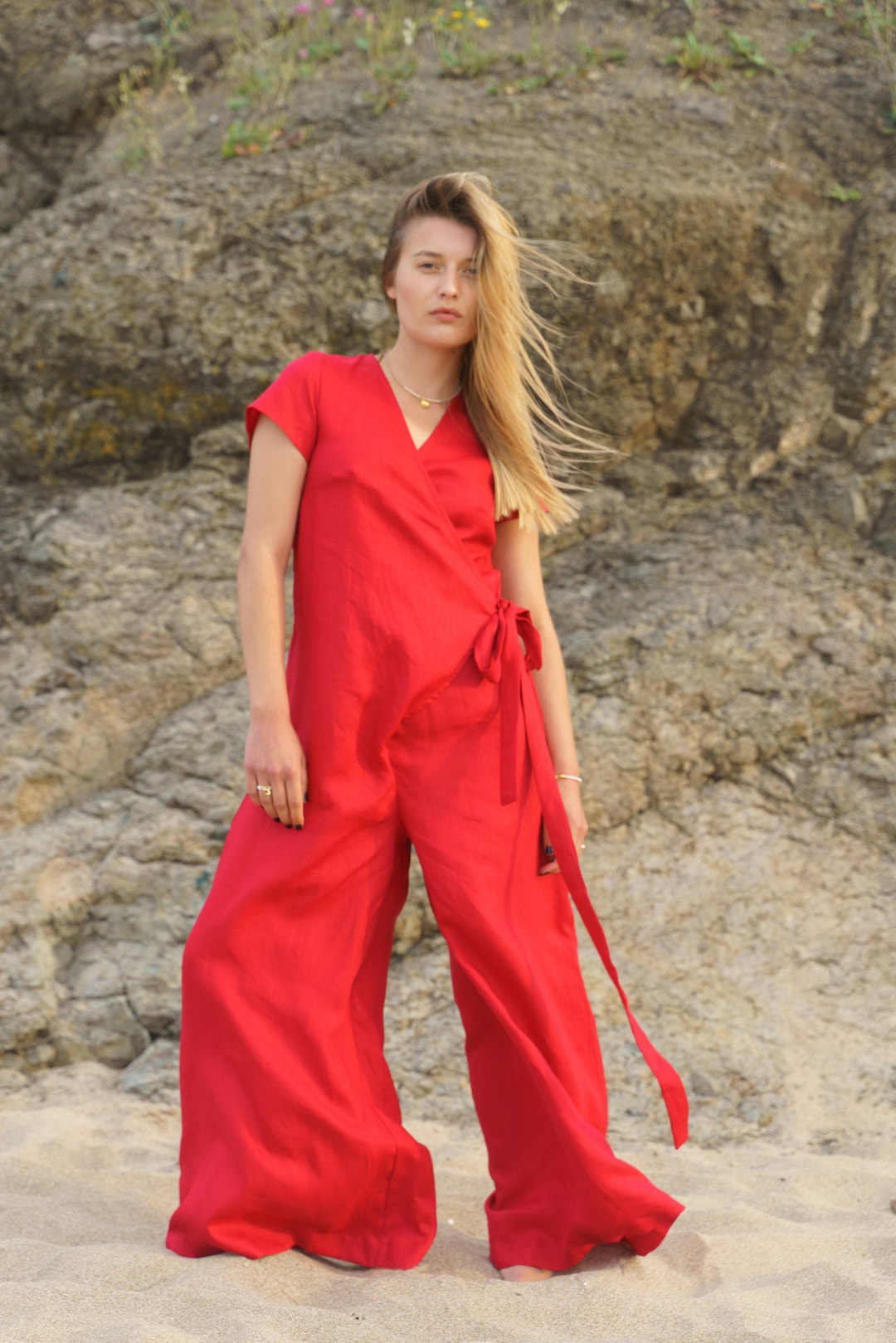 Wrap Linen Jumpsuit Womens Red Wide Leg Jumpsuit, Linen Jumpsuit