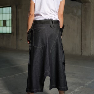 Long denim cargo skirt with low waist, Utility wrap skirt with cargo pockets, Black maxi denim skirt, Jean skirt, Techwear