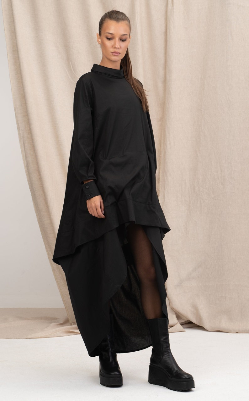 Black Asymmetrical Cotton Dress, Oversize Loose Dress, Plus Size Maxi Dress, Cotton Dress, Extravagant Long Dress 画像 3