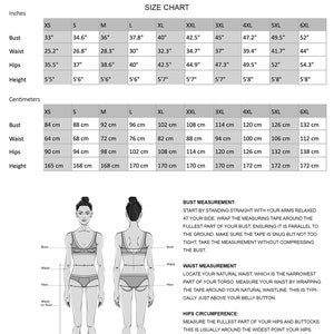May include: Size chart for clothing with measurements in inches and centimeters. The chart includes bust, waist, hips, and height measurements for sizes XS to 6XL. A diagram shows how to measure bust, waist, hips, and waist to floor.