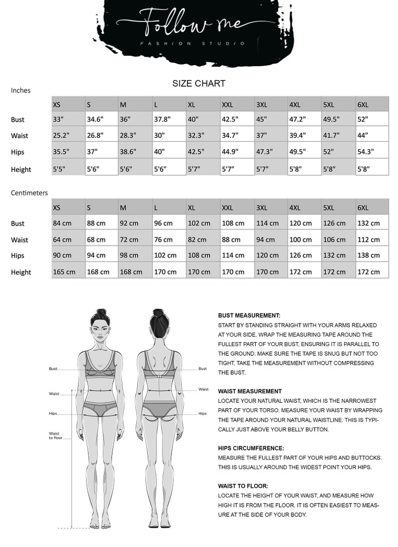 May include: Size chart for clothing with measurements in inches and centimeters. The chart includes bust, waist, hips, and height measurements for sizes XS to 6XL. A diagram shows how to measure bust, waist, hips, and waist to floor.