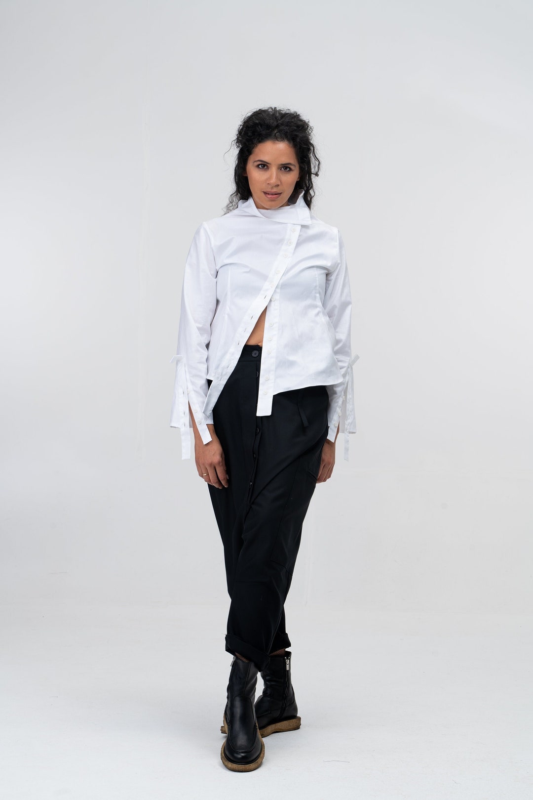 Wavlynn White Cotton Stand Collar Top With Asymmetric Design For Spring Collection