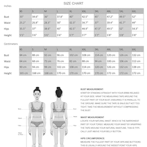 May include: A size chart with measurements in inches and centimeters for bust, waist, hips, and height. The chart includes sizes XS to 6XL. Instructions for bust, waist, hips, and waist to floor measurements are also included.