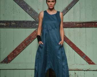 Leinen Overall Damen Avantgarde Kleidung, Petrol blau Sommer Overalls Frauen Drop Crotch Overall Leinen Kleidung Harem Overall plus Größe