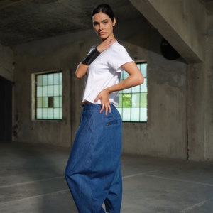Avant garde Light Blue Denim Harem Pants with Asymmetrical Details, Drop Crotch Denim Pants Women, Baggy pants, Urban clothing