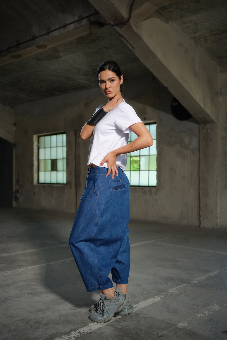 Avant garde Light Blue Denim Harem Pants with Asymmetrical Details, Drop Crotch Denim Pants Women, Baggy pants, Urban clothing