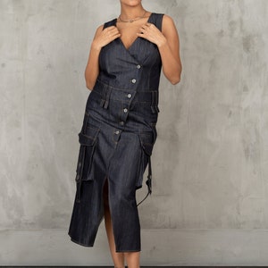 Denim cargo dress, Asymmetrical denim dress, Utility dress cargo pockets dress, Structured denim dress