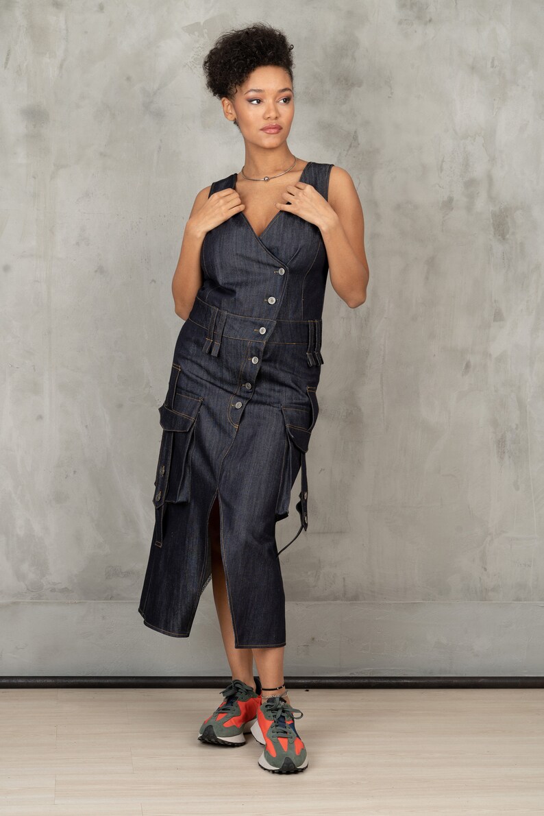 Denim cargo dress, Asymmetrical denim dress, Utility dress cargo pockets dress, Structured denim dress