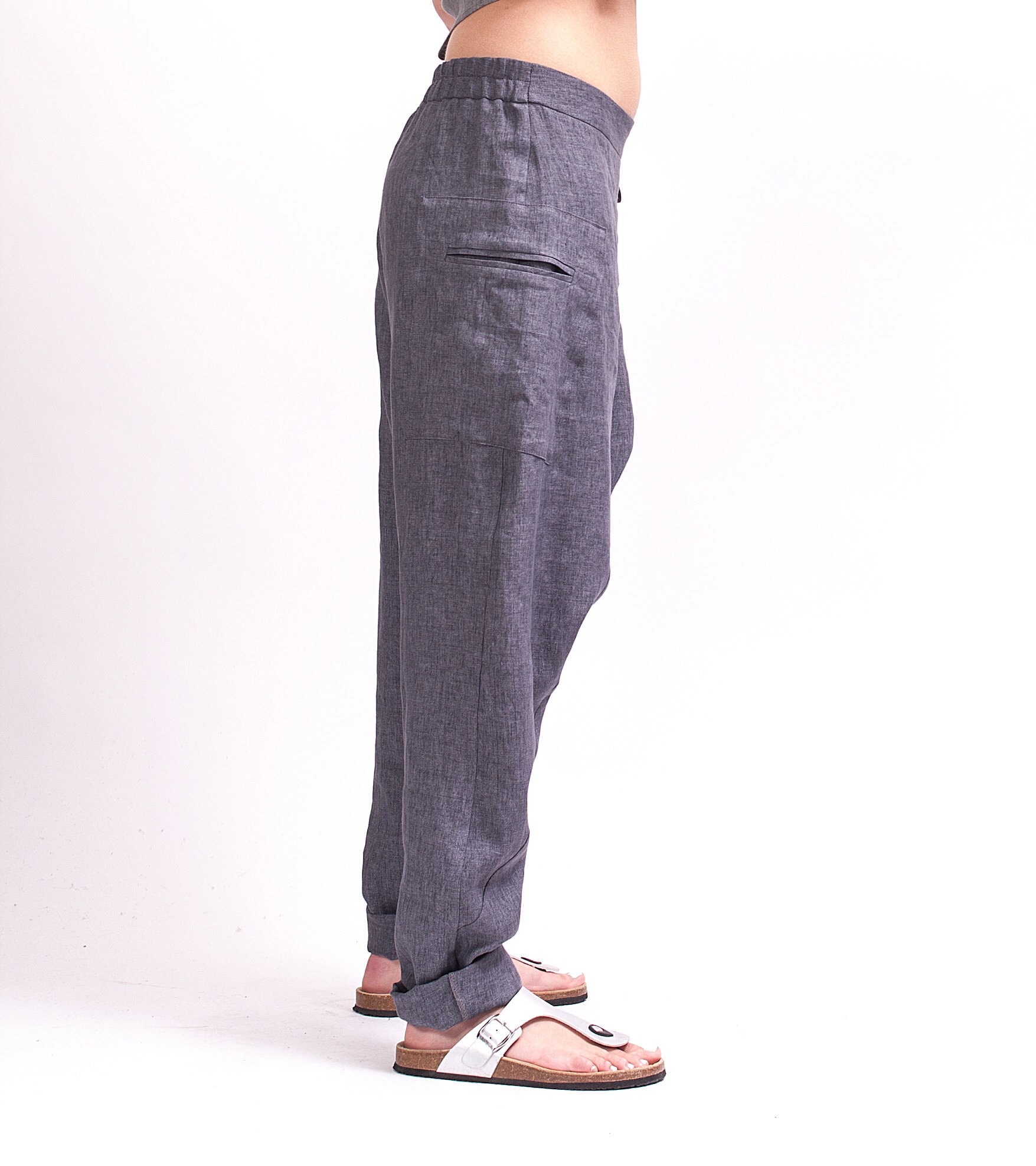 Gray melange linen harem pants women Organic clothing navy | Etsy