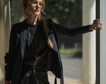 Merino Wool Blazer Women, Avant Garde Tailored Jacket, Architectural Single Button Blazer, Rose Detail Elegant Designer Jacket