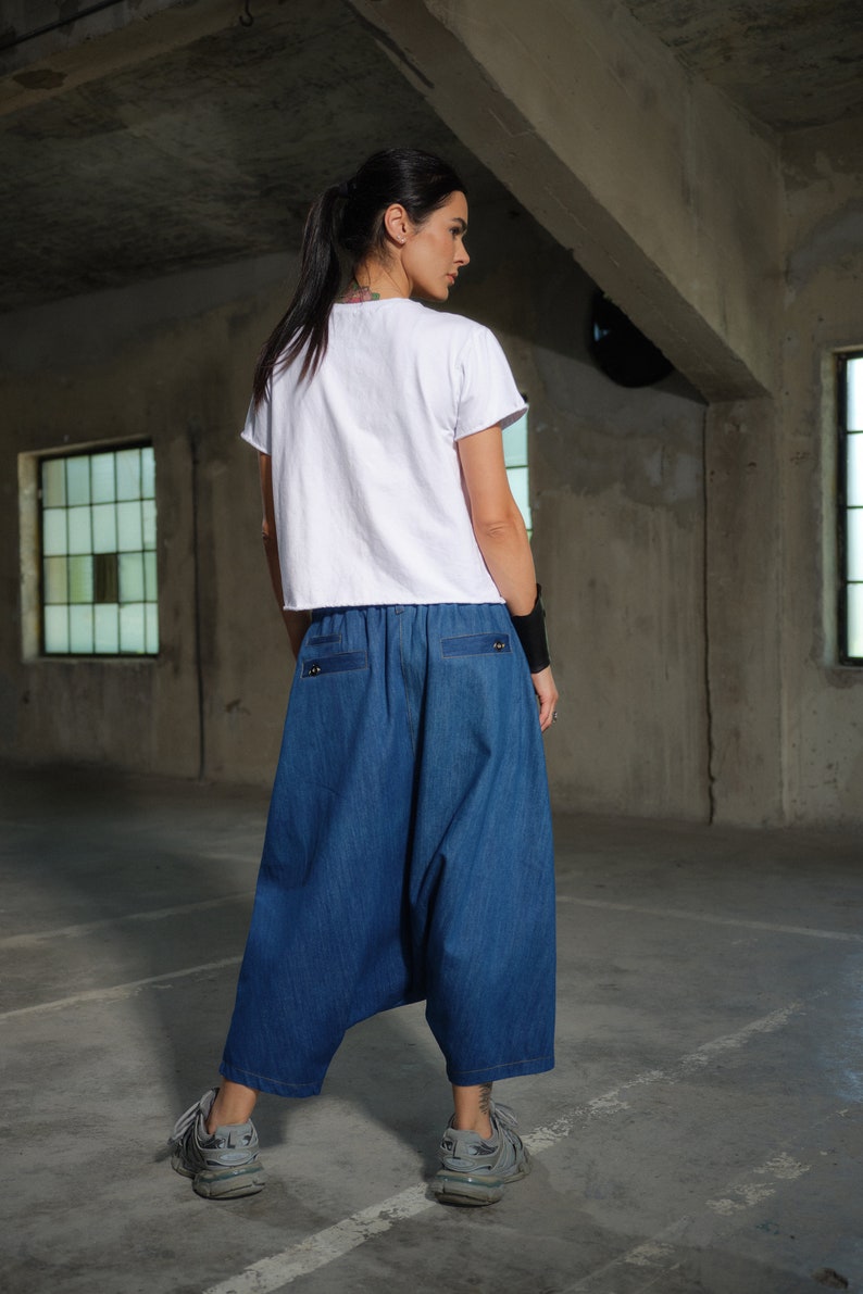 Avant garde Light Blue Denim Harem Pants with Asymmetrical Details, Drop Crotch Denim Pants Women, Baggy pants, Urban clothing