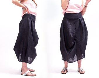Black linen skirt mid waist skirt, linen midi-length skirt linen clothing