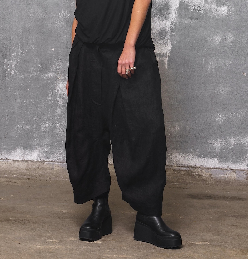 Linen pants black baggy pants women, drop crotch pants mid waist pants for women image 2