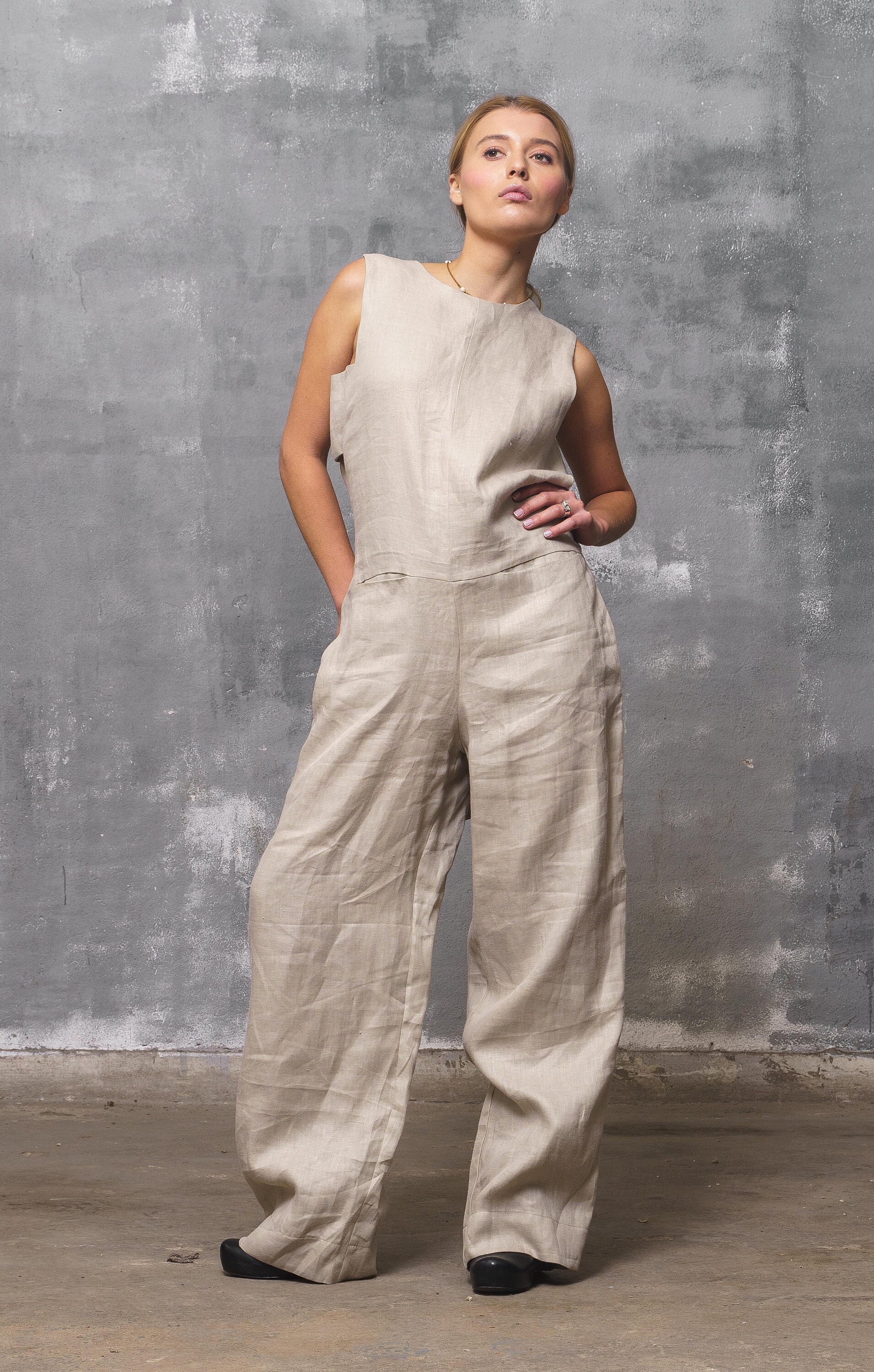 Ayelin Jumpsuit - Linen Look Relaxed 3/4 Sleeve Jumpsuit in Cream