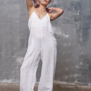 White linen jumpsuit womens, Wide leg linen overalls, Plus sizes available, Spaghetti straps jumpsuit, Summer boho oversized romper organic