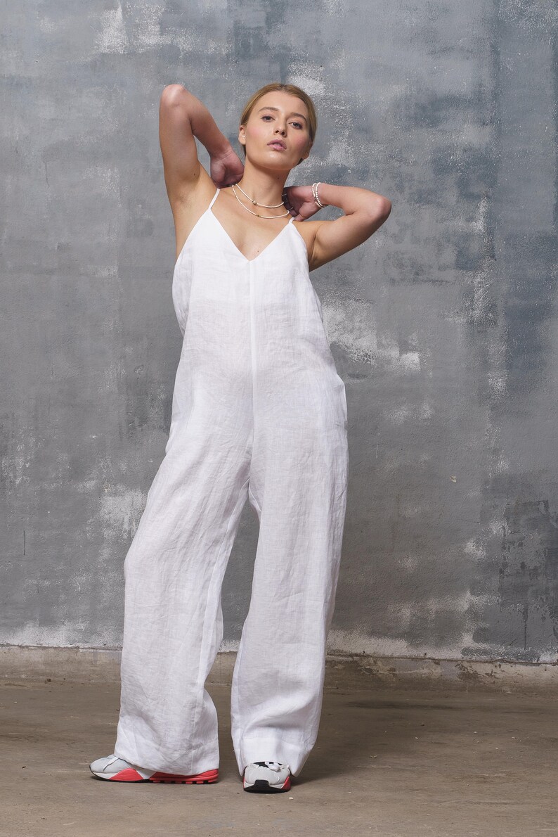 White linen jumpsuit womens, Wide leg linen overalls, Plus sizes available, Spaghetti straps jumpsuit, Summer boho oversized romper organic