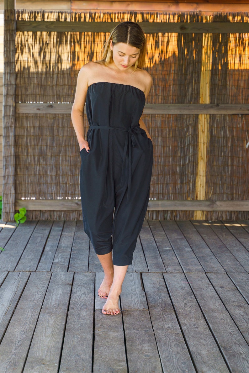 Black harem jumpsuit women avant garde clothing, Plus size overalls womens, White drop crotch romper women