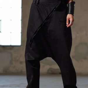 Black avant garde cotton drop crotch pants with asymmetrical buttons, Drop crotch pants women, Urban baggy trousers, Plus sizes available image 8