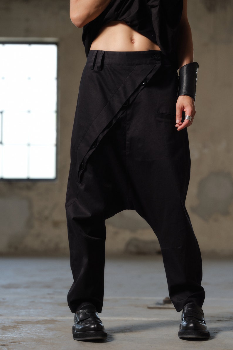 Black avant garde cotton drop crotch pants with asymmetrical buttons, Drop crotch pants women, Urban baggy trousers, Plus sizes available image 8