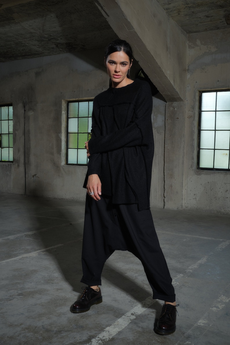 Avant garde merino wool drop crotch pants with asymmetrical details, Black harem pants women's, Baggy winter pants, Plus sizes available image 1