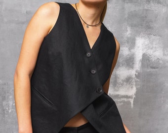 Black linen waistcoat women avant garde clothing, Linen vest women goth clothes