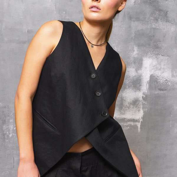 Black linen waistcoat women avant garde clothing, Linen vest women goth clothes