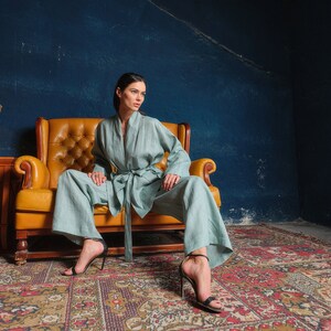 Wide leg linen pants women, Linen clothing, Green tea palazzo pants, Summer boho pants, Plus sizes available, Organic clothing, Slow fashion