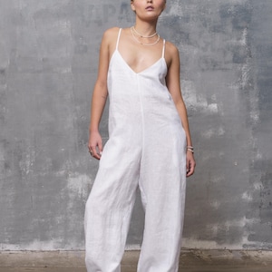 White linen jumpsuit womens, Wide leg linen overalls, Plus sizes available, Spaghetti straps jumpsuit, Summer boho oversized romper organic