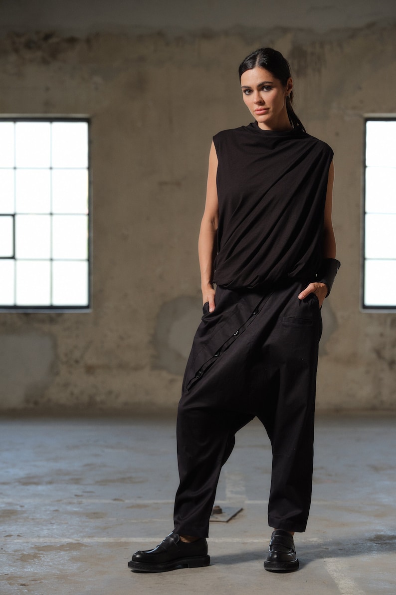 Black avant garde cotton drop crotch pants with asymmetrical buttons, Drop crotch pants women, Urban baggy trousers, Plus sizes available image 1