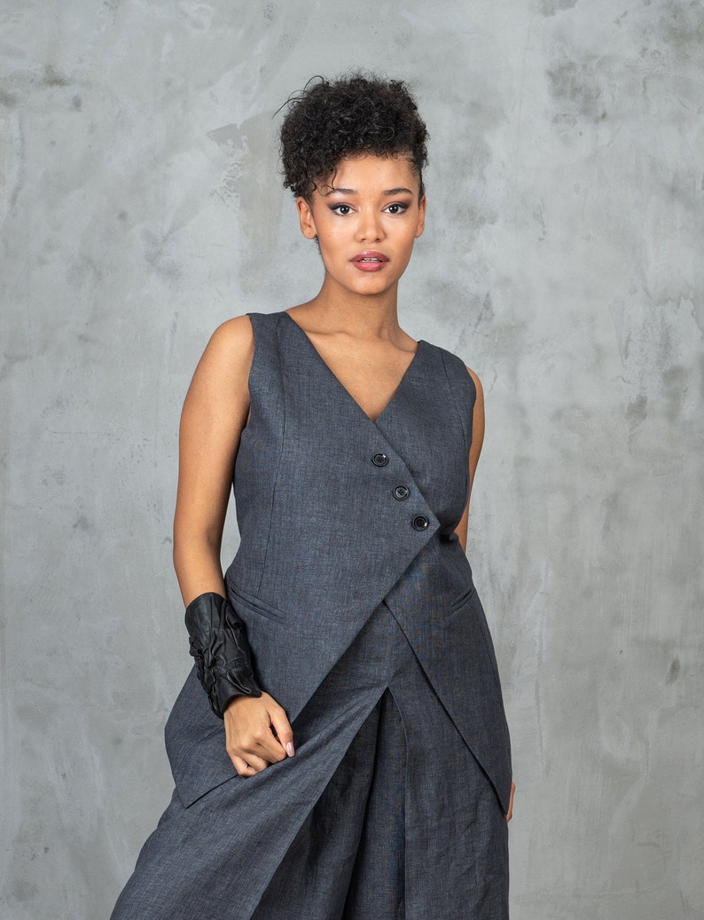 Gray linen waistcoat women linen clothing, Linen vest women goth clothes